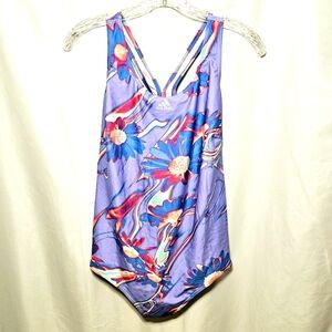 🛑Adidas Positivisea 3 Stripe One Piece Purple Floral Racerback Swimsuit 1X